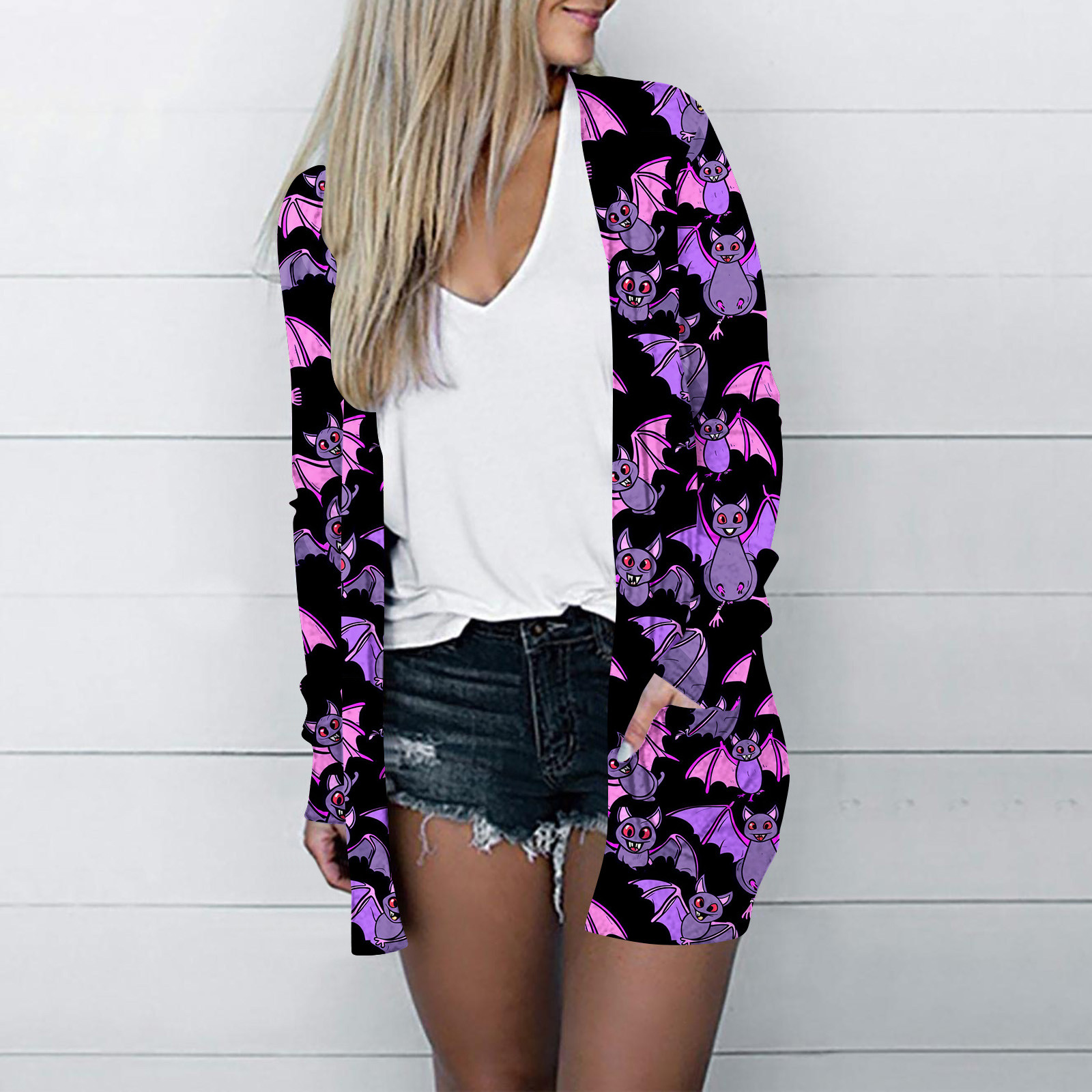 Pxkloy Womens Halloween Cardigan,Womens Open Front Cardigan Lightweight 2024 Fall Trendy Print Long Sleeve Cardigans Sweater Soft Thin Jacket Comfy Outwear with Pockets Purple,M
